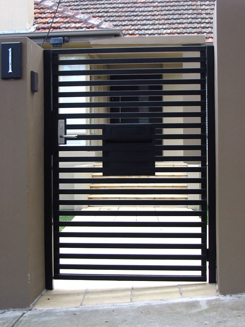 Black slatted pedestrian security gate